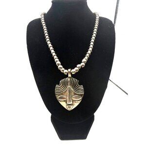 VTG Tribal Mask Pendant Necklace African Modernist Brutalist Silver Tone Beaded